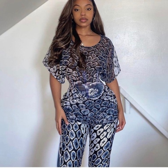 NWOT Grey Grassfields Co-ord set African Print Pants Suit Dressy Abstract - Picture 1 of 6